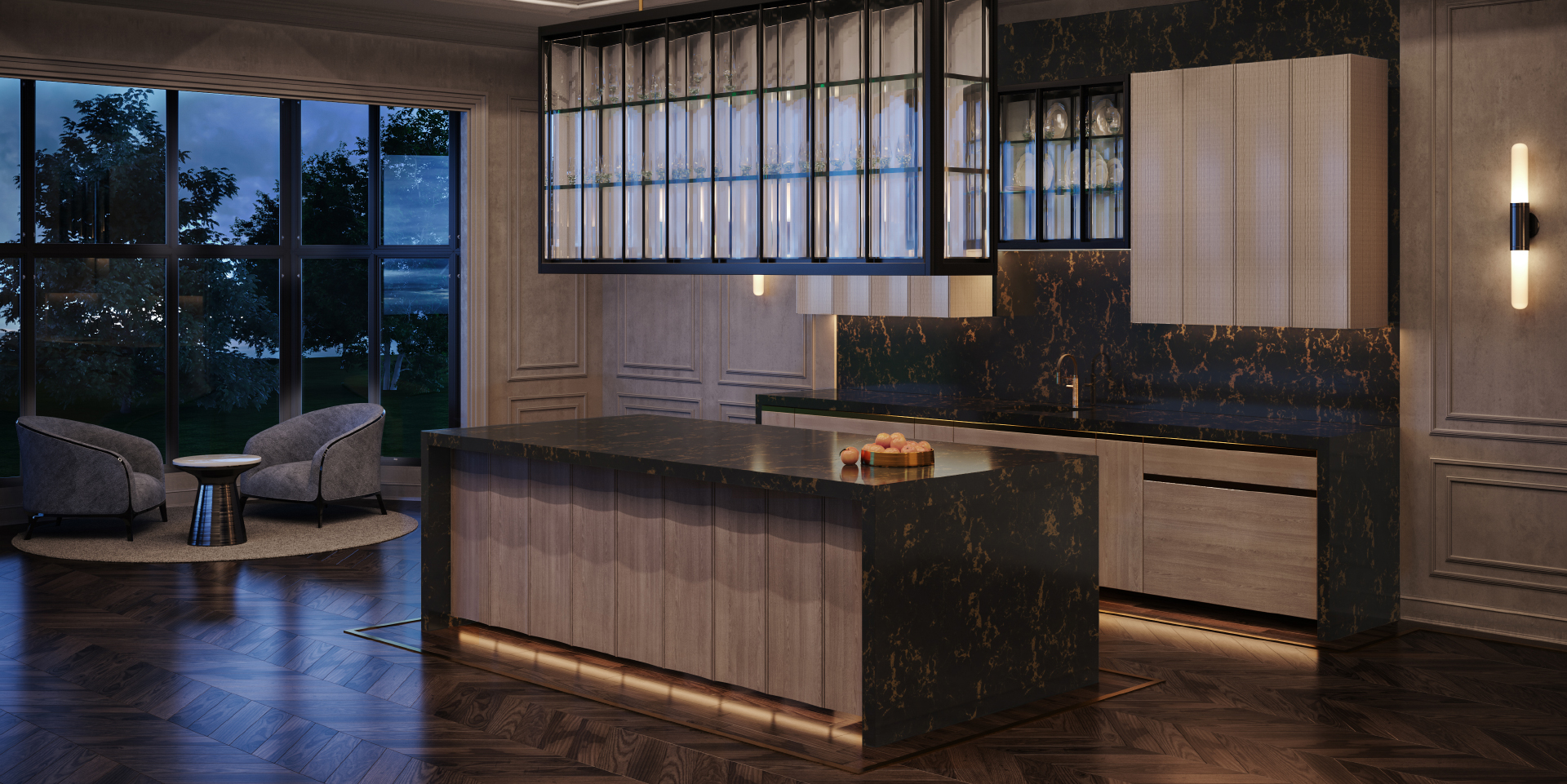 Waterfall kitchen island and backsplash feature black and gold quartz countertops.