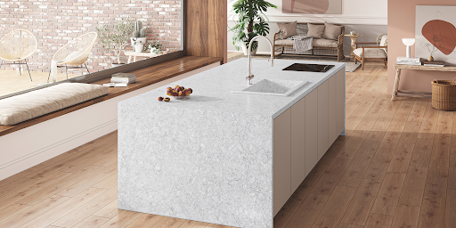 Alonso quartz countertops features a warm white background with subtle gray veining.