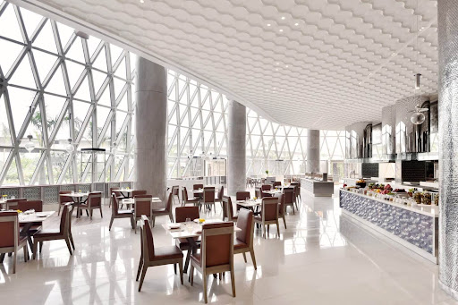 Gleaming white quartz floors and countertops provided by Quantra at the JW Marriott Kitchen in Kolkata.