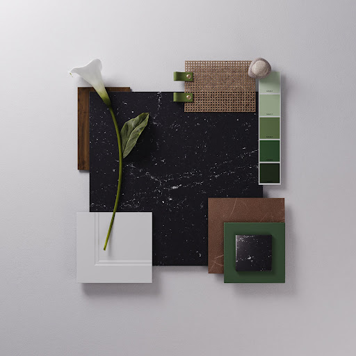 flat lay mood board features earth tones, white cabinetry, and a black glittering quartz slab