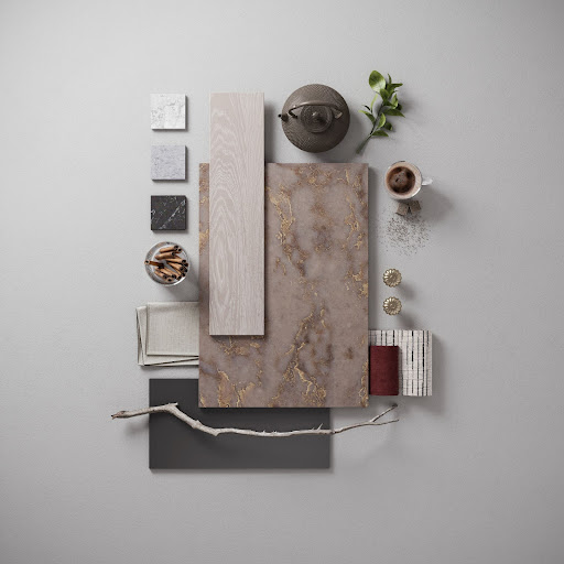 Kitchen mood board featuring charcoal gray and warm whites with a gold veined taupe quartz