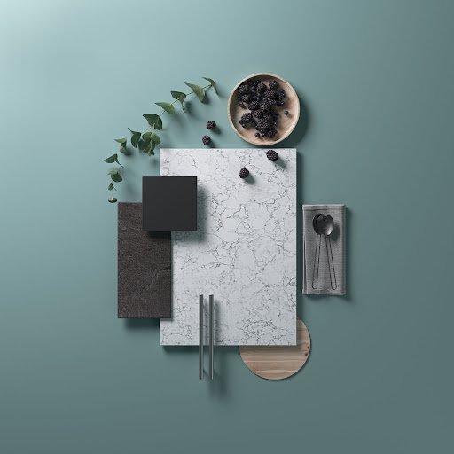 Modern mood board features deep grays, light woods, and a vividly veined white and gray quartz slab