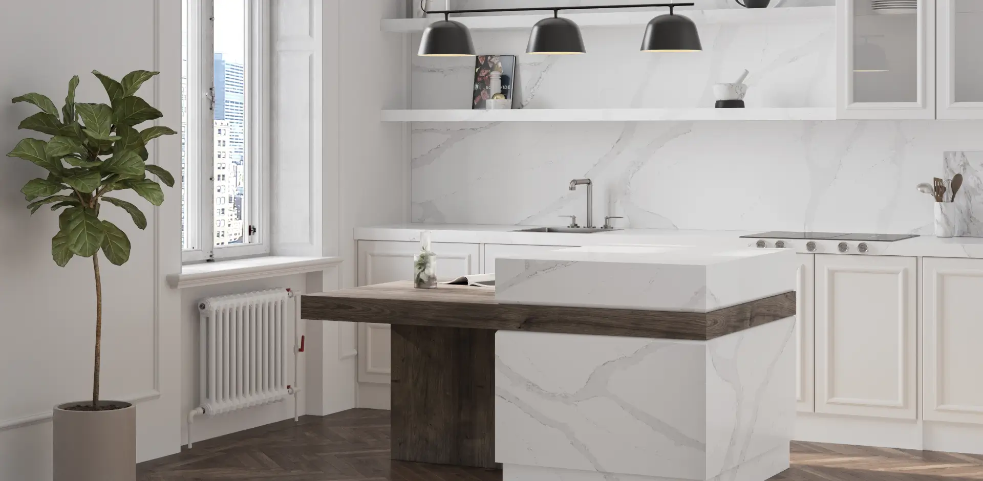 A bright white kitchen features dark wood floors and open shelving above.